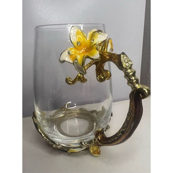 ARC of France Glass Tea Coffee Cup Jeweled Floral Enameled Gold Handle - Picture 2 of 5